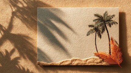Tropical summer beach sand with Palm tree shadows and blank white paper frame for copy space in a sunlight tropical minimal flat lay arrangement
