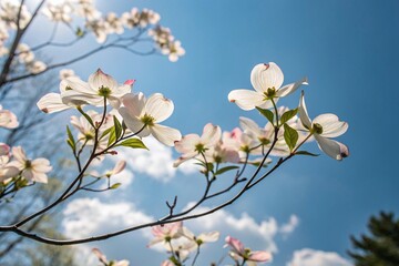 Delicate Dogwood tree flowers blooming against a cear blue sky