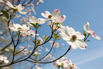 Delicate Dogwood tree flowers blooming against a cear blue sky