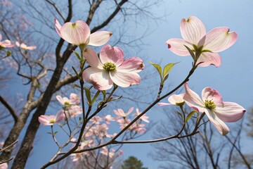 Delicate Dogwood tree flowers blooming against a cear blue sky