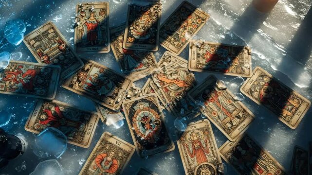 Tarot card reading ritual on ice with scattered magic cards in dappled sunlight for divination and psychic forecast