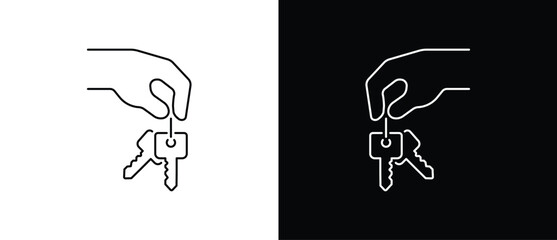 A classic hand holding a key icon. A key icon. A key vector illustration in a transparent and black background. Editable stroke.