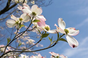 Delicate Dogwood tree flowers blooming against a cear blue sky