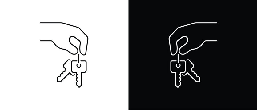 A classic hand holding a key icon. A key icon. A key vector illustration in a transparent and black background. Editable stroke.