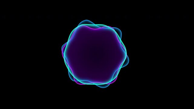 Circular voice assistant audio waveform with vibrating purple cyan blue gradient lines responding to voice on black background