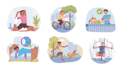 Obraz premium Healthy lifestyle habits concept set for web design. Collection with cartoon people doing trainings at gym, cycling bike, eating natural food and dieting, sleep, walking dog. Vector illustration.