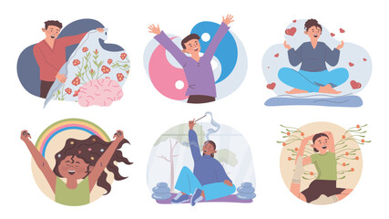 Mental health self care concept set for web design. Collection with cartoon people taking care brain and inner feelings, practicing meditation and yoga asanas, doing aromatherapy. Vector illustration.
