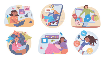 Online fashion shopping concept set for web design. Collection with cartoon people choosing new clothes, trend shoes or accessory, doing orders, making purchases and payment. Vector illustration.