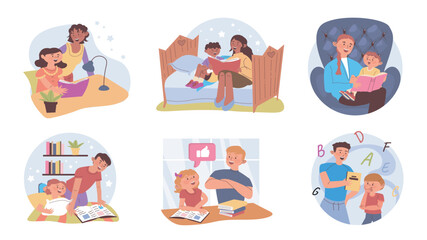 Parent-child reading concept set for web design. Collection with cartoon people bedtime storytelling their kids. Father and mother read books and doing homework with children. Vector illustration.