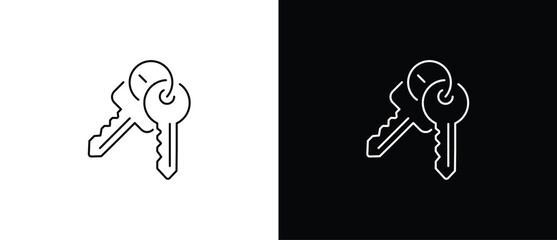 A pair of keys icon. A key icon with a round and square head. A classic key. A vector illustration of a key with a transparent and black background. The stroke is editable.