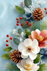 Elegant winter floral arrangement with white magnolias, pine cones, and red berries on blue background