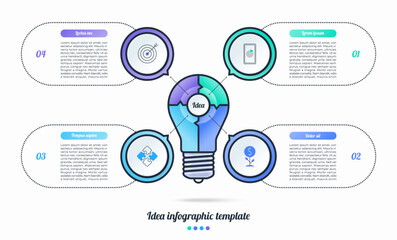 Creative idea infographic template featuring a lightbulb centerpiece with connected circular steps, icons and text areas. Modern clean vector concept for business ideas, innovation, startup planning.