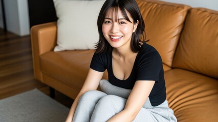 リビングの床でクッションを抱えて微笑むリラックスした女性