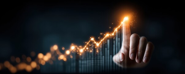 Hand touches glowing fingertip over rising stock market graph representing growth and technology