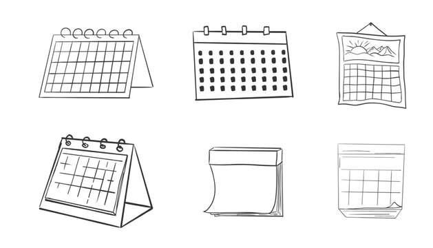 Calendar grid icon set, doodle hand drawn sketch. Hanging line schedule planner. Reminder and calendar with a check.