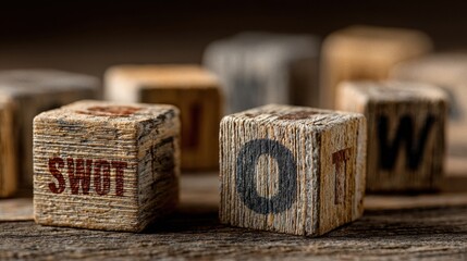 Swot analysis concept displayed with wooden blocks representing strengths, weaknesses, opportunities, and threats for strategic planning and business evaluation