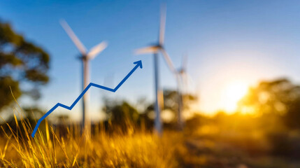 Wind turbines boost energy output. Wind turbines stand in a field with a rising trend line above as the sun sets behind them, marking energy progress.