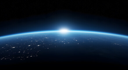 Earth from space sunrise over city lights planet