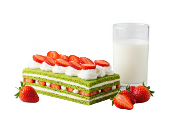 Delicious matcha strawberry shortcake with cream and a glass of milk isolated on transparent background