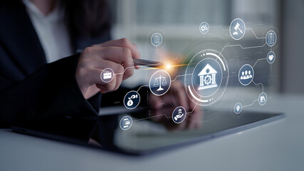 Futuristic digital law interface displaying justice scale, highlighting digital law, AI compliance, digital law systems, and digital law regulations for secure governance. Spline