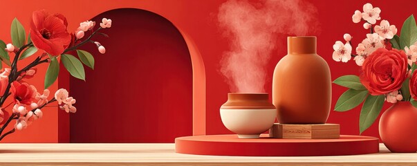 Red backdrop stage with circular arch and floral decorations in Chinese style for events and celebrations