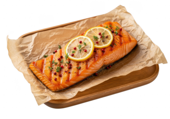 Grilled salmon fillet with lemon slices and pink peppercorns served on parchment paper on a wooden tray isolated on transparent background