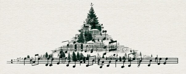 Collage of evergreen trees with sheet music backgrounds and botanical silhouettes for festive decor display