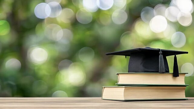 Graduation hats and stacked books highlight a moment of academic celebration, surrounded by a serene and blurred outdoor setting