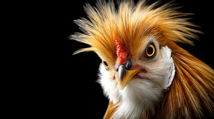 Fototapeta premium Vivid-feathered bold bird. A bird with bright orange and white feathers looks directly at the viewer. Its eyes show curiosity and alertness.