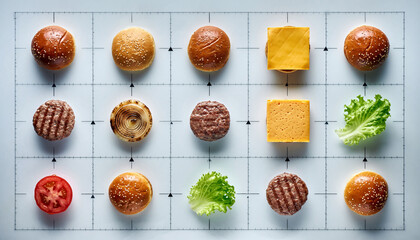 Präzise Burger-Baukasten-Zutaten im Raster