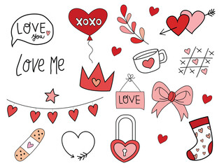Cute Valentine Love Doodles Collection with Hearts, Romantic Icons, XOXO Text, and Hand Drawn Love Elements