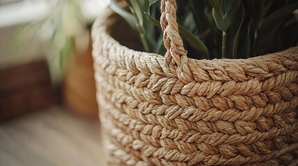 Fototapeta premium A woven basket sits on a light surface, filled with tall green plants. AI.