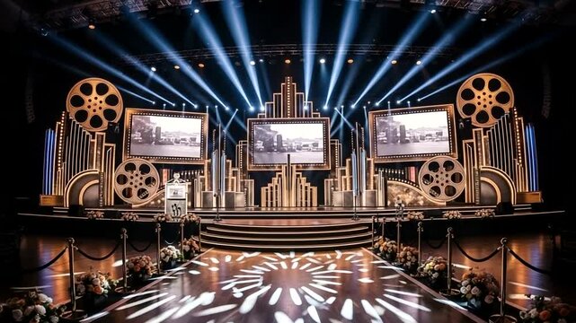 Elegant stage setup with lights and screens for an event