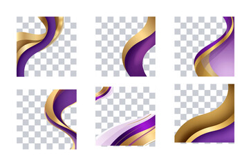 Elegant abstract wavy gold and purple graphic design elements with transparent background
