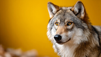 Fototapeta premium Wolf stands against a yellow background. A wolf with yellow eyes looks forward while standing against a yellow background. The scene shows fur details.