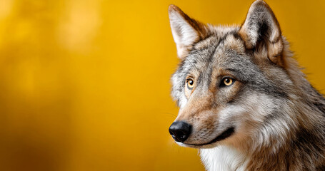 Obraz premium Wolf in front of yellow. Wolf looks toward the camera with bright eyes against a yellow background. The wolf shows its natural fur and features.