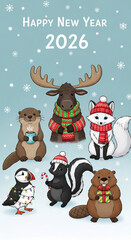 Obraz premium Illustration of cute animals with winter accessories under Happy New Year text, symbolizing holiday cheer, togetherness, festive greetings, and winter fun