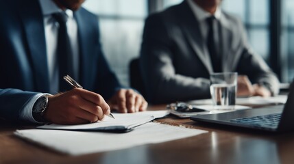 Two Professional Individuals Engaged in Serious Discussion While One Takes Notes at a Business Meeting in an Office Setting