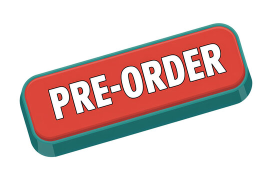 3d icon red pre-order button with white letters, perfect for announcing new releases or exclusive offers. . Isolated on transparent background, png