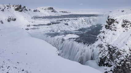 Winter view of Gullfoss waterfall in the Hvita river canyon in Iceland.