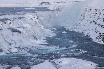 Winter view of Gullfoss waterfall in the Hvita river canyon in Iceland.