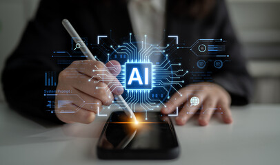 A futuristic AI core processor and system analytics dashboard. This concept highlights the raw processing power of AI for deep data analysis, system diagnostics, and global network monitoring. Fermion