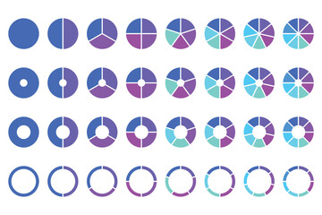 Set of colorful pie charts. Colorful pie charts with varying segments. Circle section graph. Pie chart set. Pie charts diagrams. Different color circles. donut and pie chart infographic elements set
