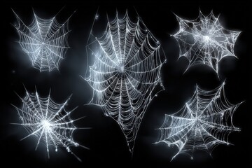 Different spider web designs and a spider isolated on white, high quality realistic style, perfect for halloween