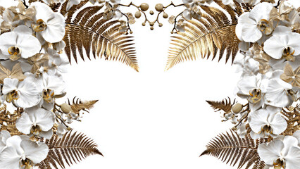 Floral frame with white orchids and golden ferns