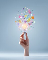 A Hand Holding a Light Bulb Surrounded by Colorful Geometric Shapes Representing Creativity and Inspiration