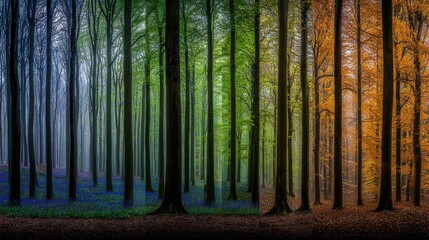 Fototapeta premium Timelapse of vibrant forest scenes transitioning through seasons capturing blooming flowers and falling leaves in a natural cycle.