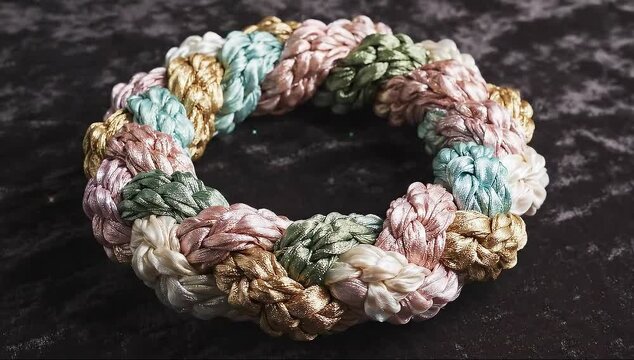 Pastel braided cord bracelet rests on dark surface; handmade, soft texture, colorful mix and tones