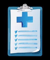 Obraz premium Hospital patient chart clipboard with blue cross icon for medical history and healthcare checkup documentation graphic