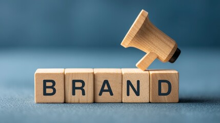 A wooden megaphone rests on blocks spelling "BRAND" on a blue surface, representing marketing or advertising